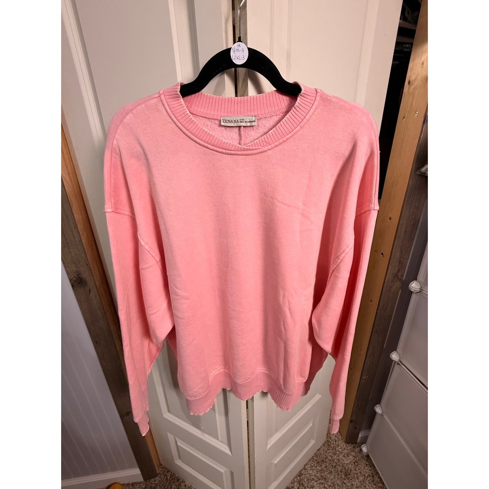 Zenana Pink Crewneck Sweatshirt Oversized Fleece Pullover Women S/M